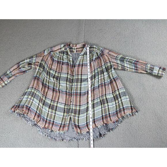 Free People Top Womens Xs Come On Over Plaid Top Button Front Fringe Hem - Picture 4 of 11